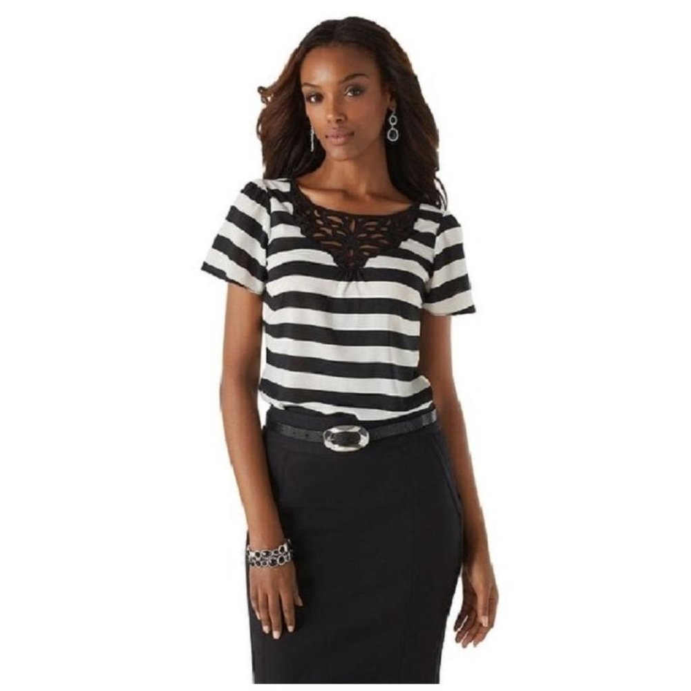 WHITE HOUSE BLACK MARKET Striped Open-Work Blouse sz XS NEW Women's Top - Picture 9 of 11